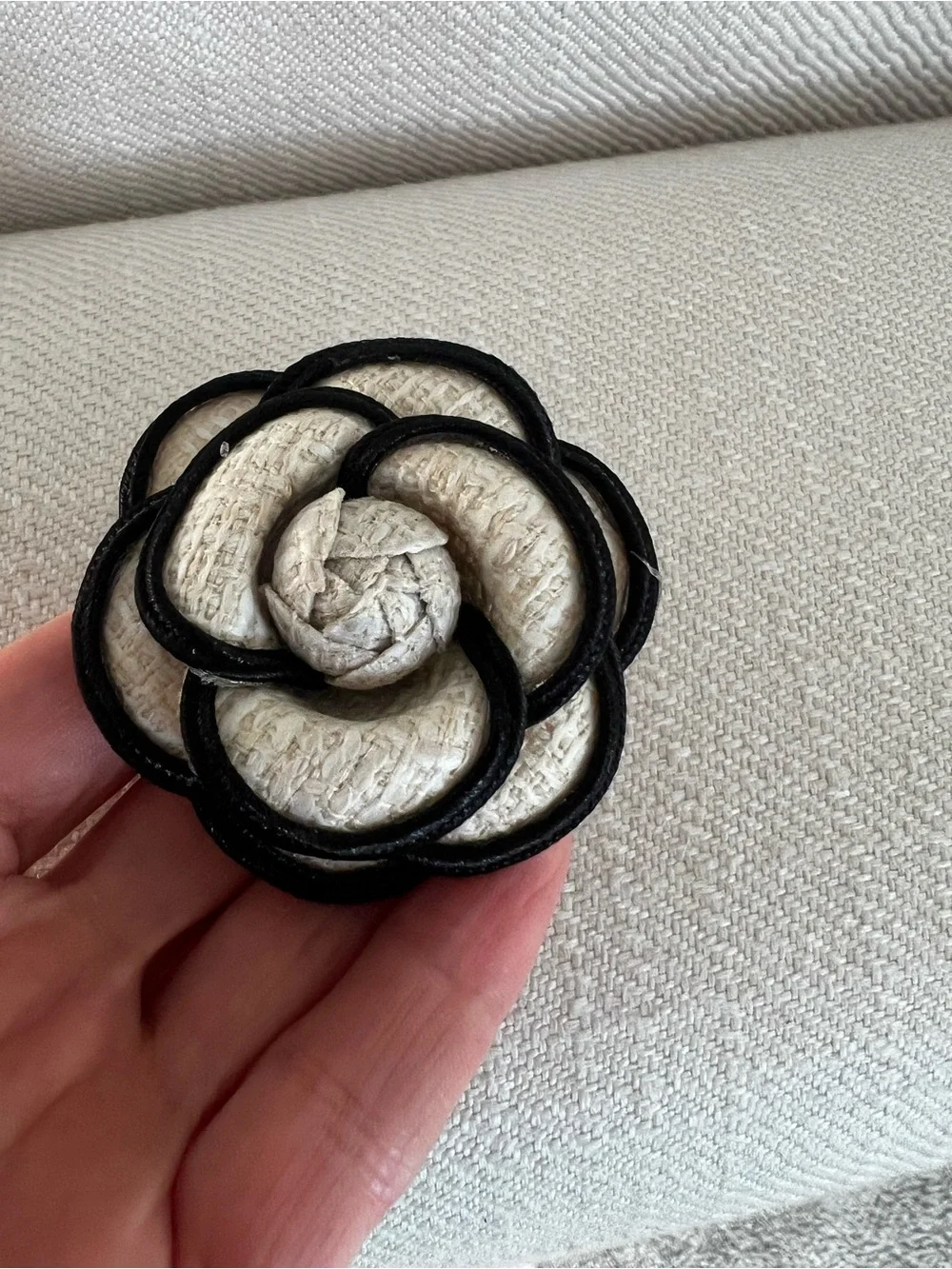 Elegant Black and Cream Camellia Brooch - Women's Accessory